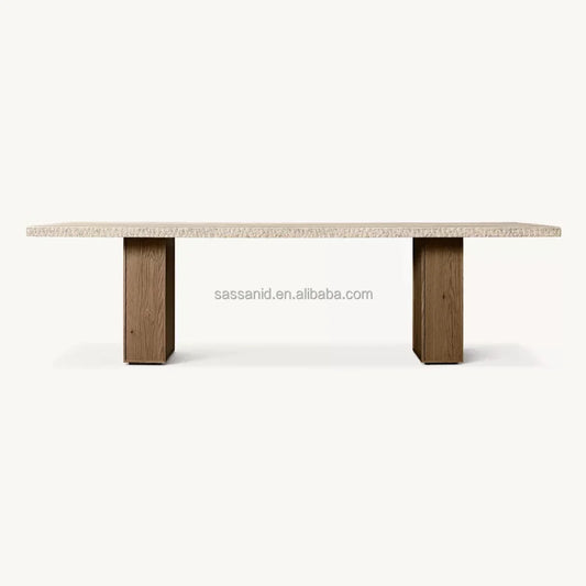 Travertine Top Dining Table – Stone & Wood – Minimalist | 1601660757910