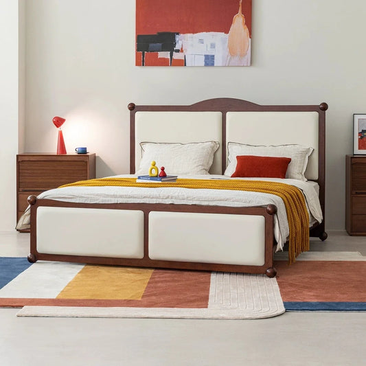 Mid-century Solid Wood Leather Bed – High Headboard Upholstered Platform Piece | 26-228