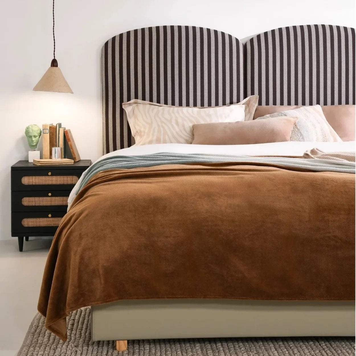 French Vintage Bed – Tufted High Back Zebra Striped Designer Statement