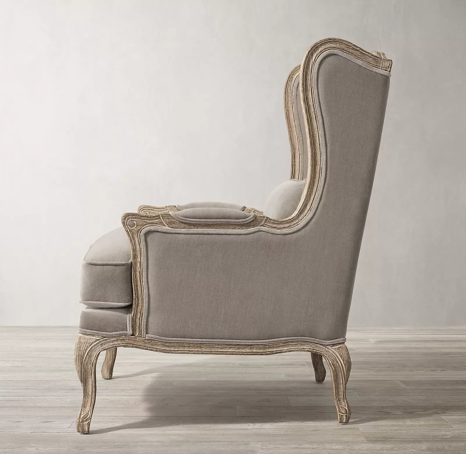 French Louis XV Wing Chair – Velvet Upholstered Oak Armchair