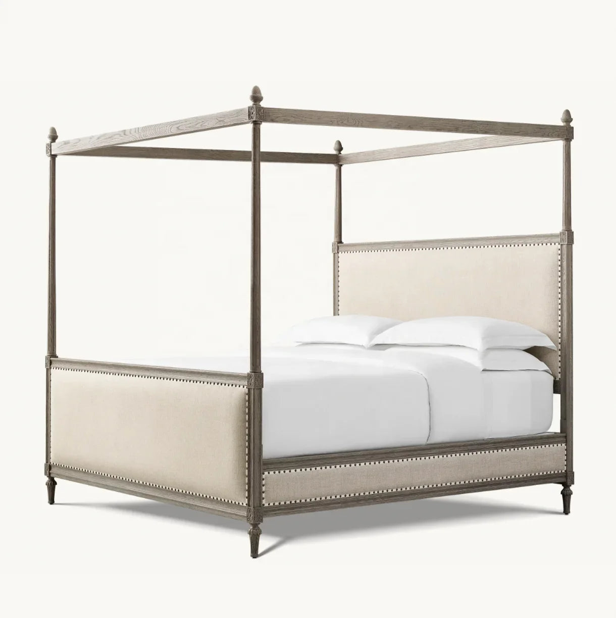 18th-Century French Canopy Bed – Antiqued Grey Oak Fabric Panel