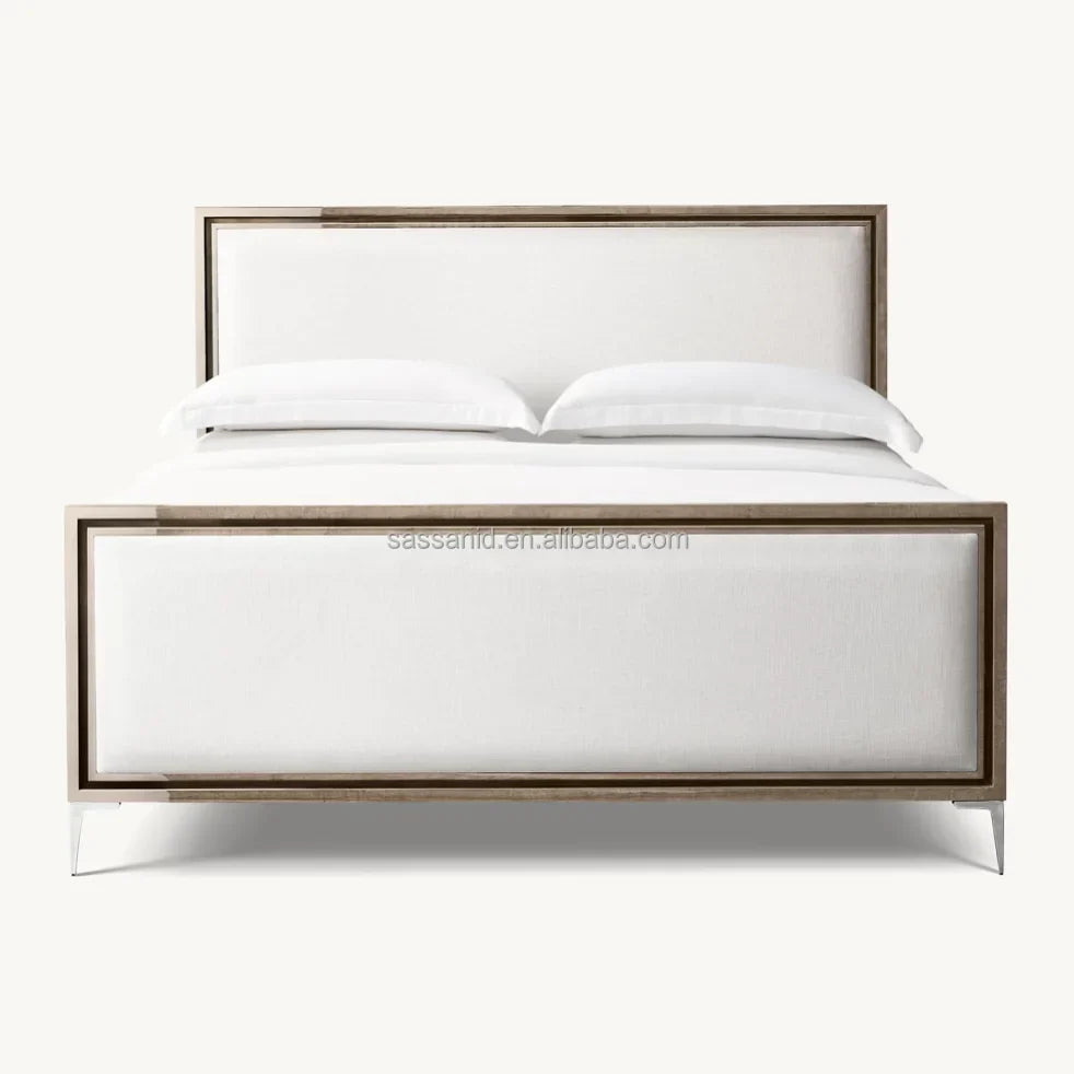 Benoit Fabric Panel Bed – Sculptural Platform Design in Lacquered Finish & Polished Stainless Steel – Contemporary Statement Piece