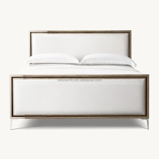 Benoit Fabric Panel Bed – Sculptural Platform Design in Lacquered Finish & Polished Stainless Steel – Contemporary Statement Piece