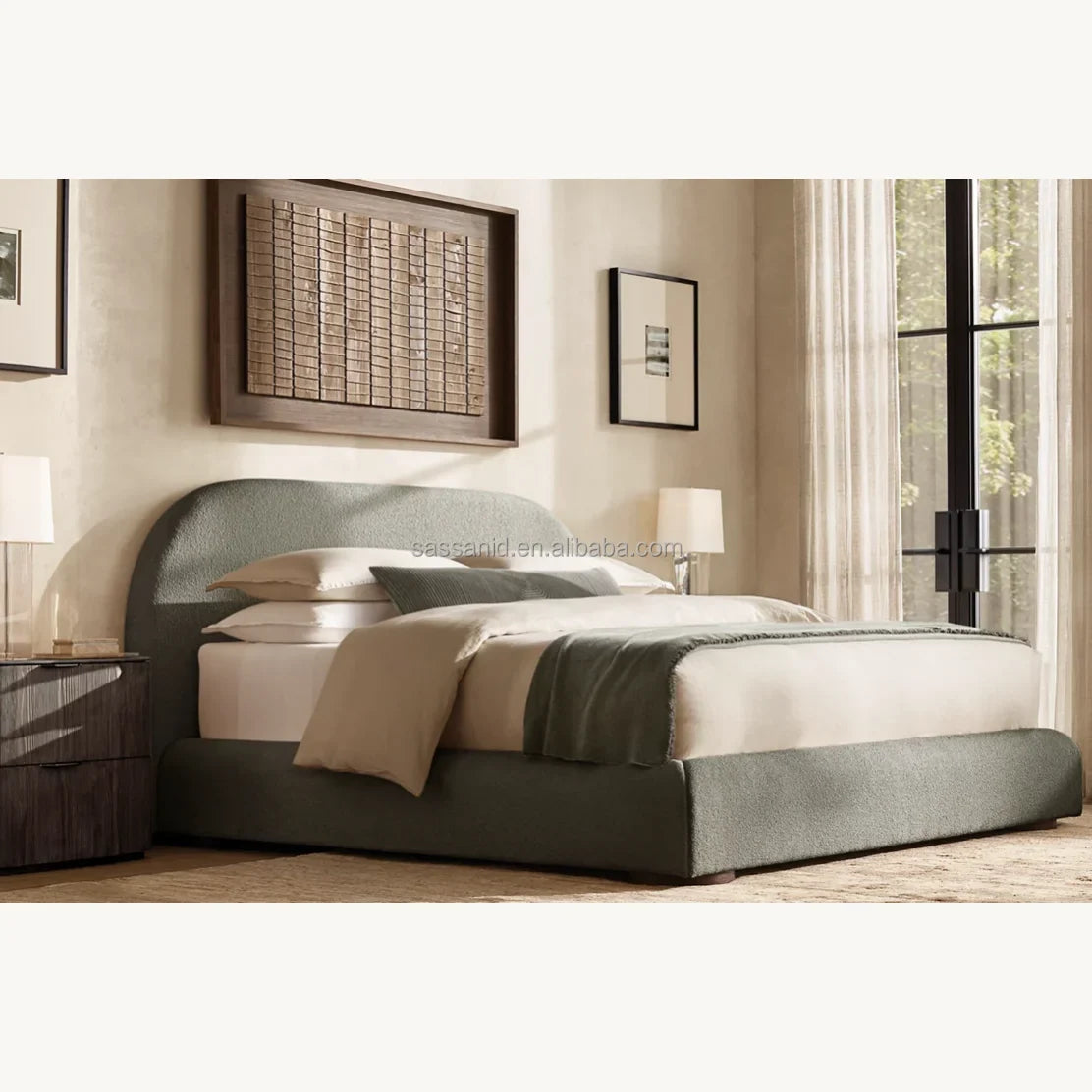 Upholstered Panel Bed – Sculptural Natural Performance Bouclé Siena European Style
