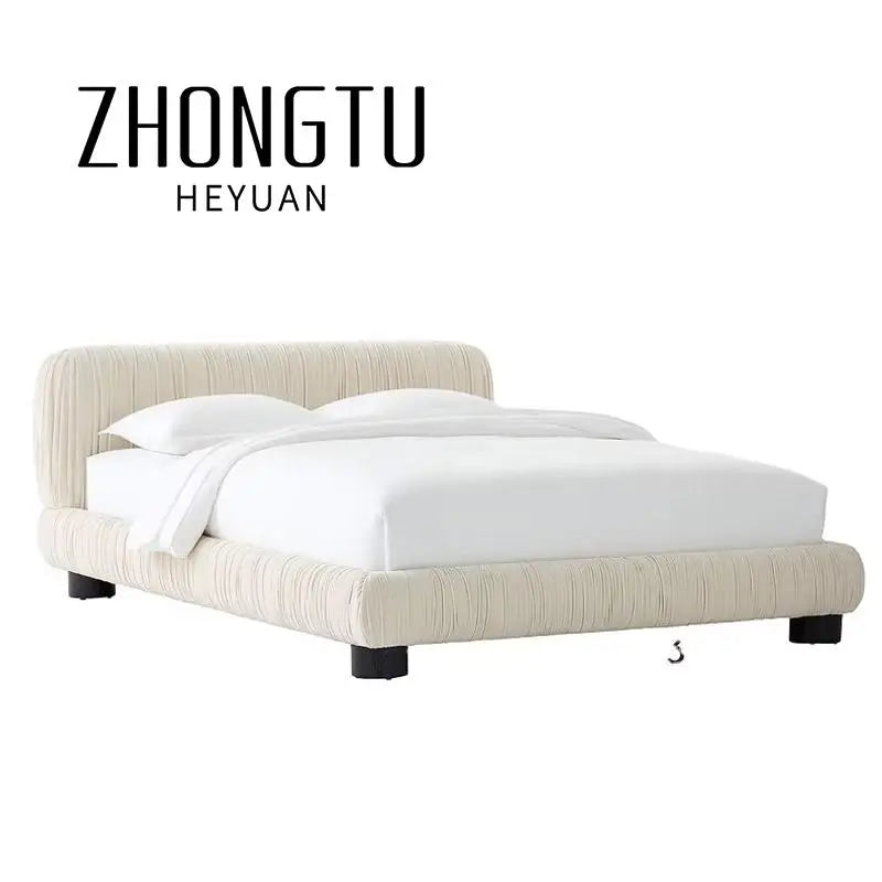 Upholstered Bed – Pleated Cream Velvet Minimalist French Vintage Style