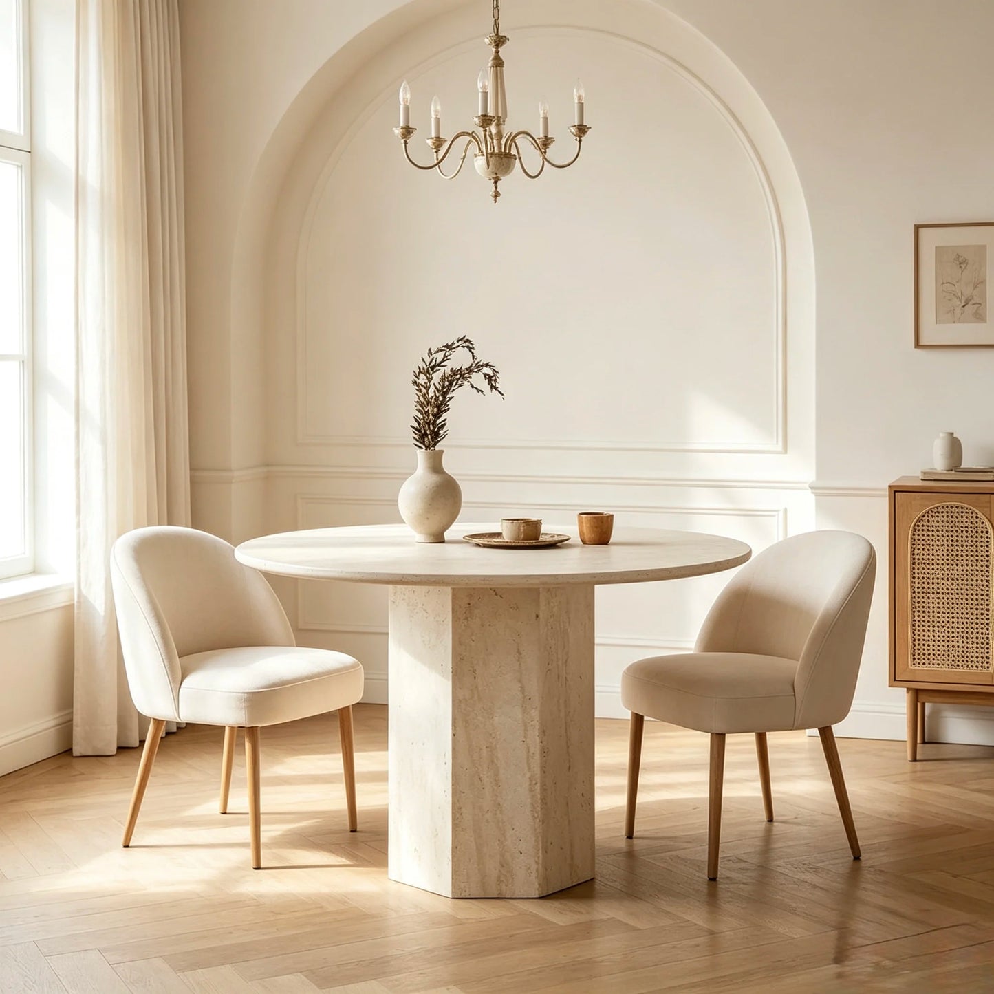 Luxury Round Travertine Dining Table Hexagonal Pedestal Minimalist Italian Style