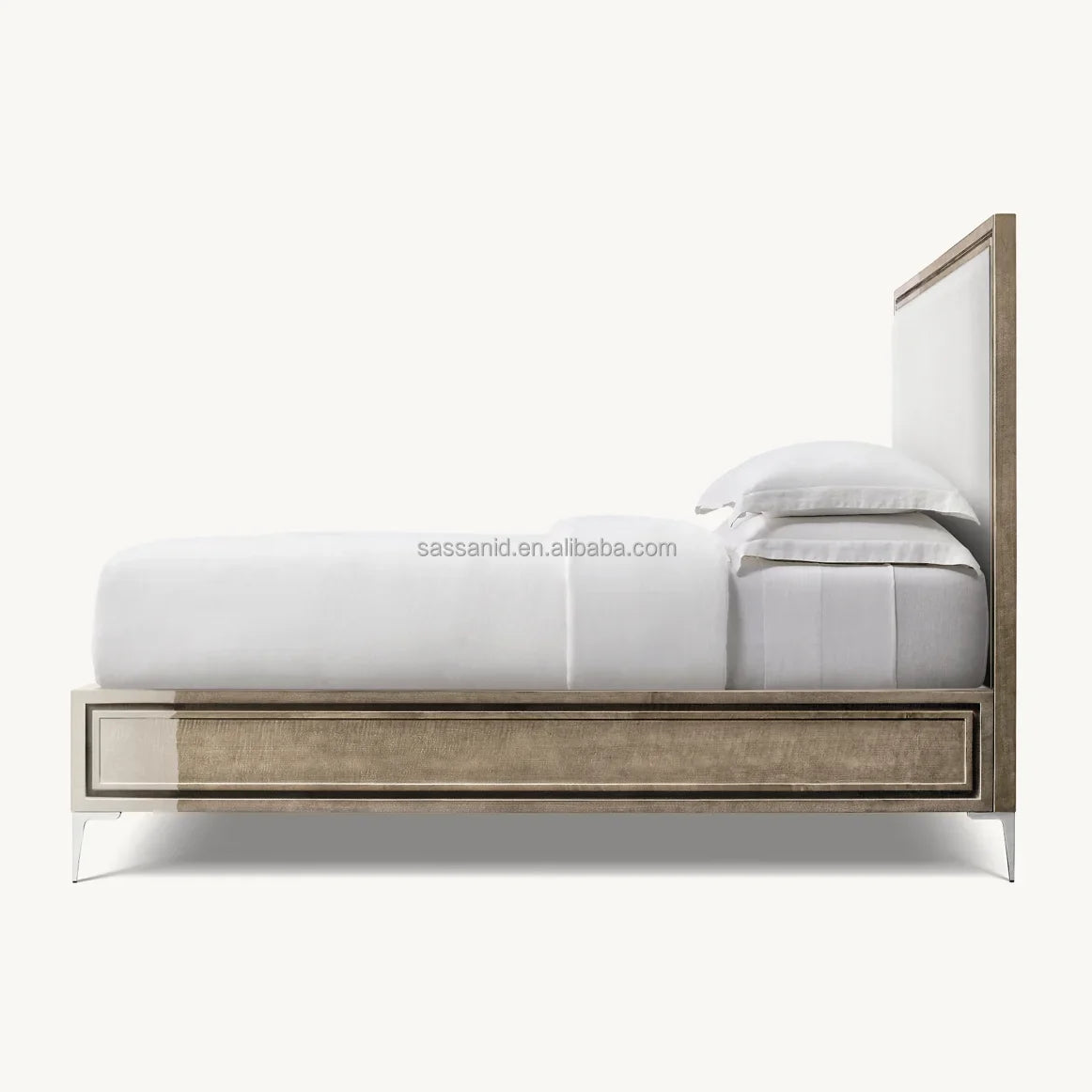 Benoit Upholstered Panel Bed – Lacquered Wood and Polished Stainless Steel