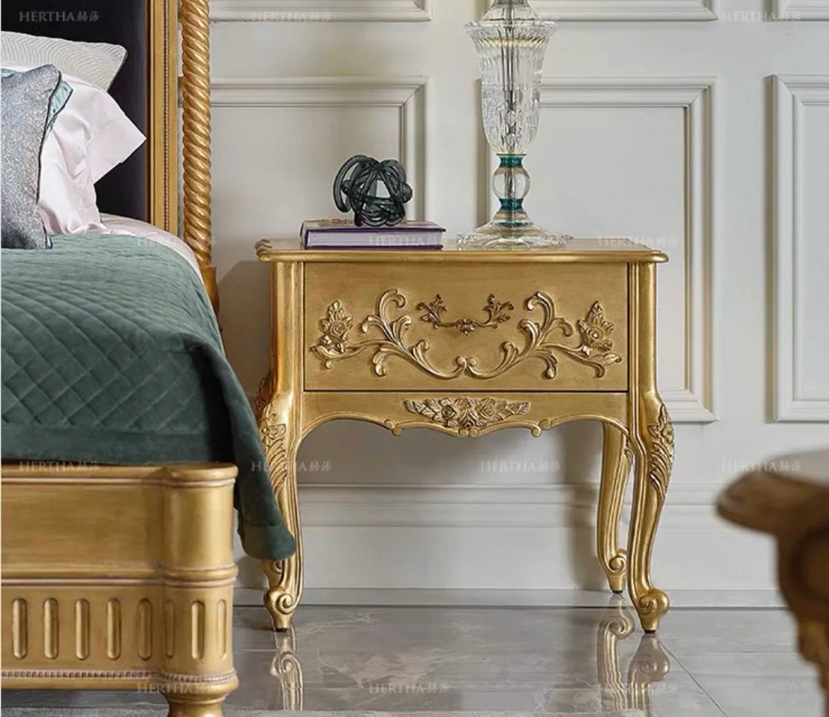 Upholstered Bed with Retro Carved Detail in Velvet – French Provincial Design