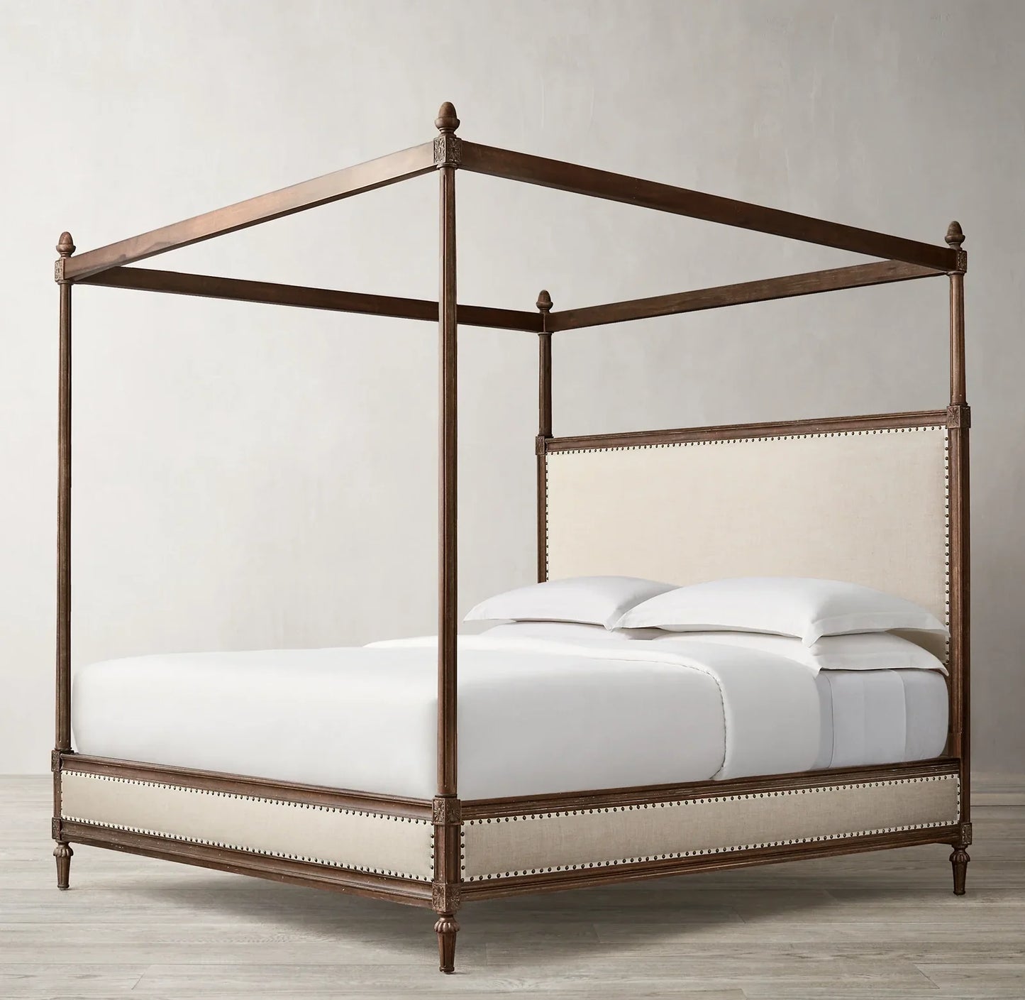 Mid-Century French Canopy Bed – Fabric Panel Oak Wood Maison Statement Piece