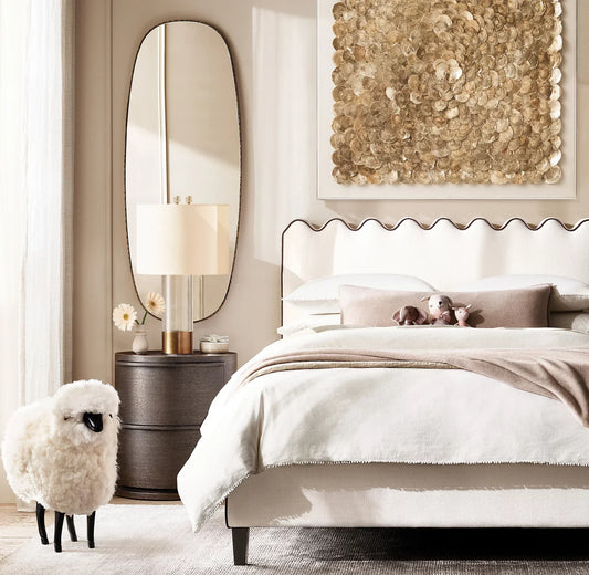 Lucie Upholstered Panel Bed – Belgian Linen Contrast Piping Modern Statement Piece