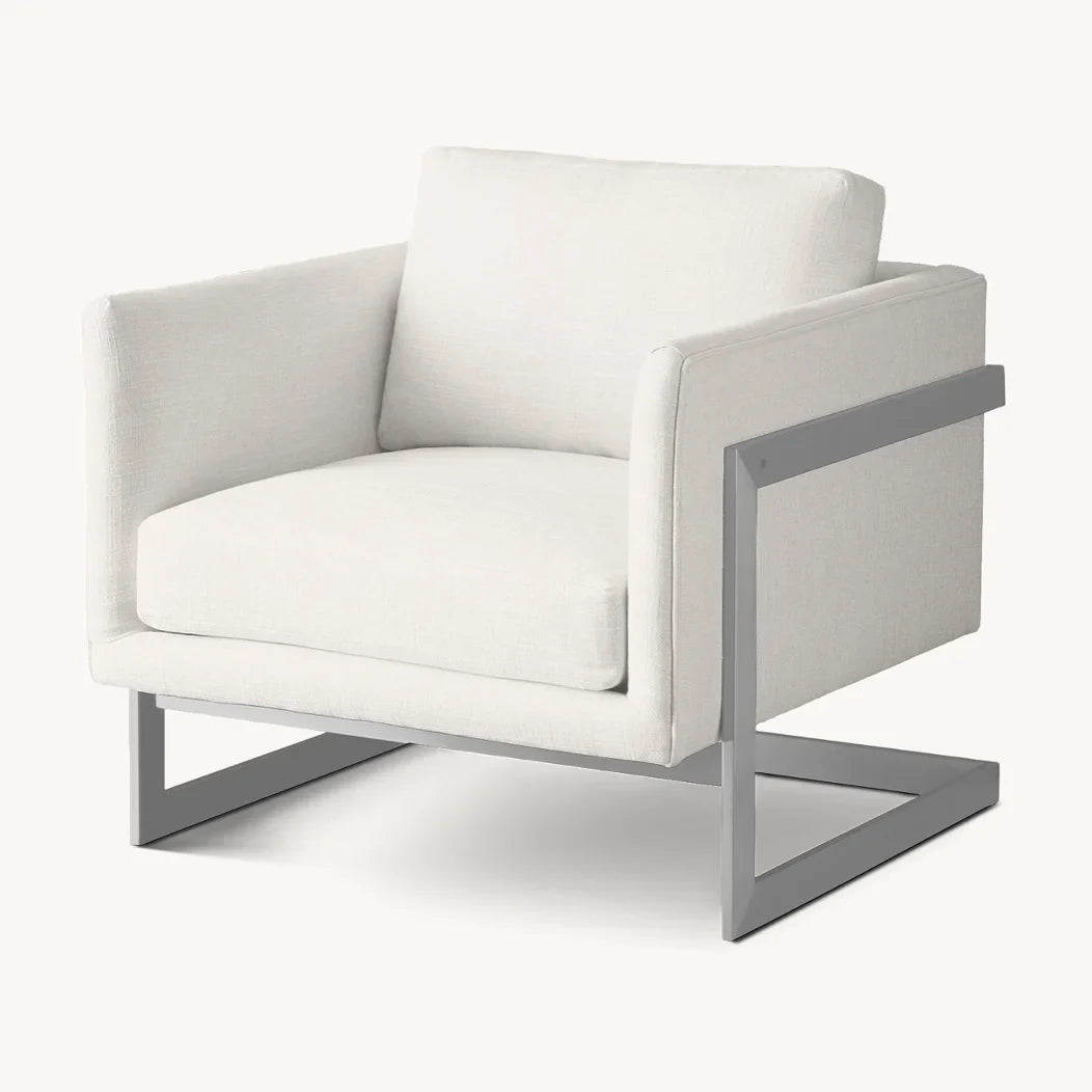 Modernist Lounge Chair – Grid-Tufted Cushion – Polished Steel – Milo