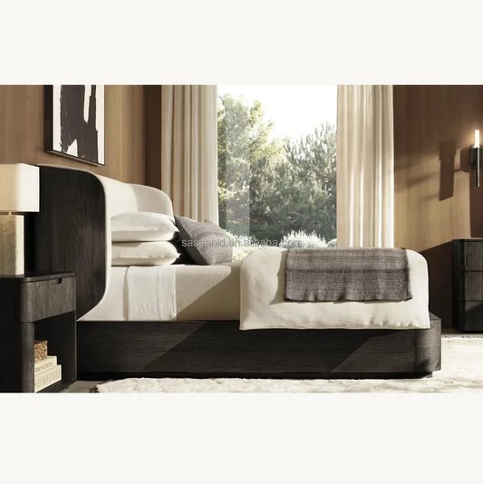 Platform Bed – Sculptural Shelter Design – Oak and Upholstery – Luxury Minimalist