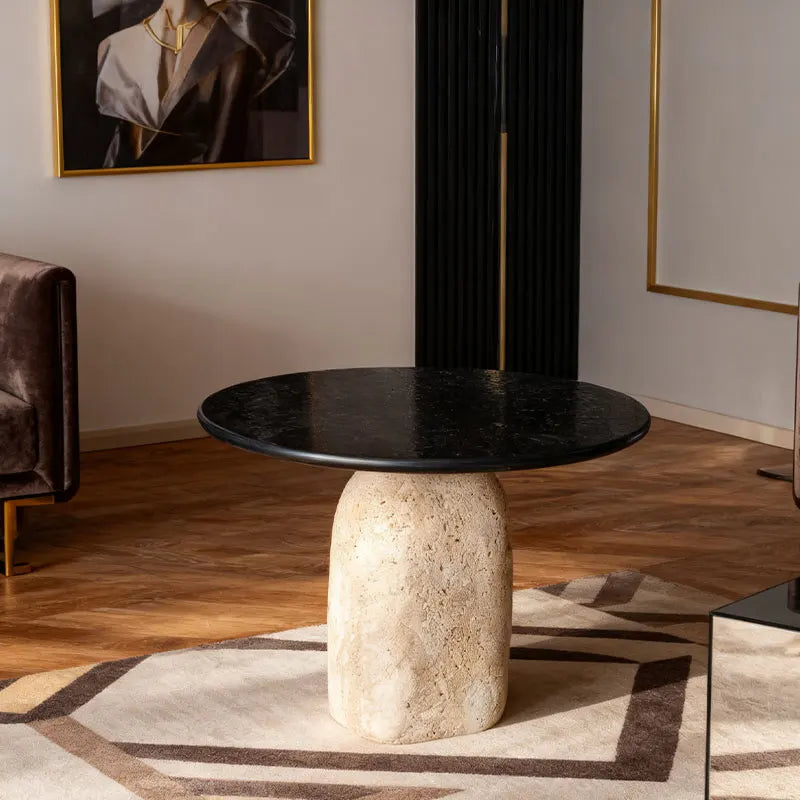 Modern Minimalist Travertine and Marble Coffee Table
