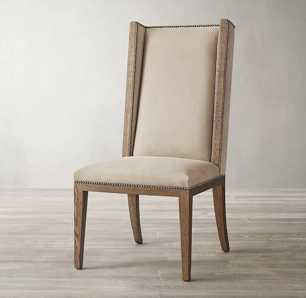 High Back Wing Dining Chair – Mid-century Modernist Solid Oak & Leather | 1600417100225