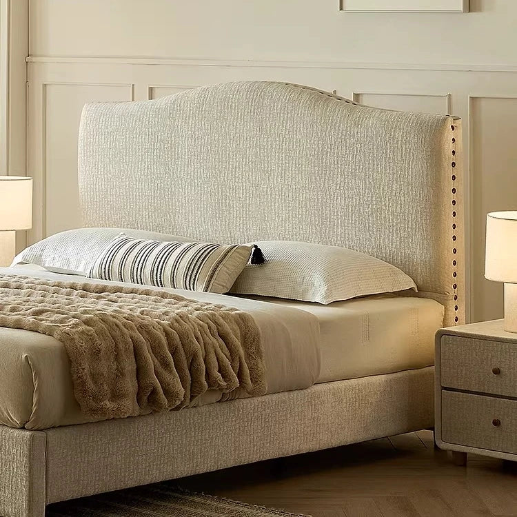 French Provincial Upholstered Bed – Cream Chenille with Willow Border