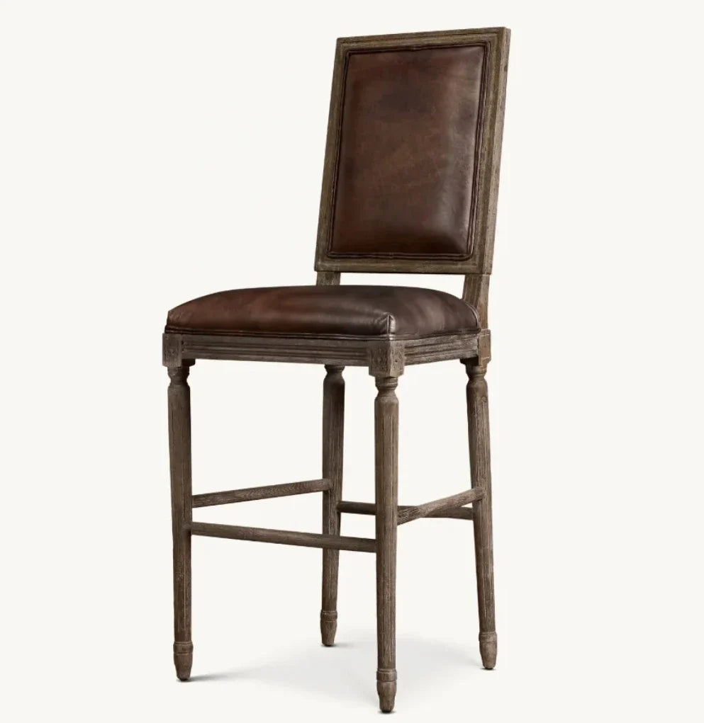 Counter Stool – Square Back Leather & Solid Oak Re Home Vintage French
