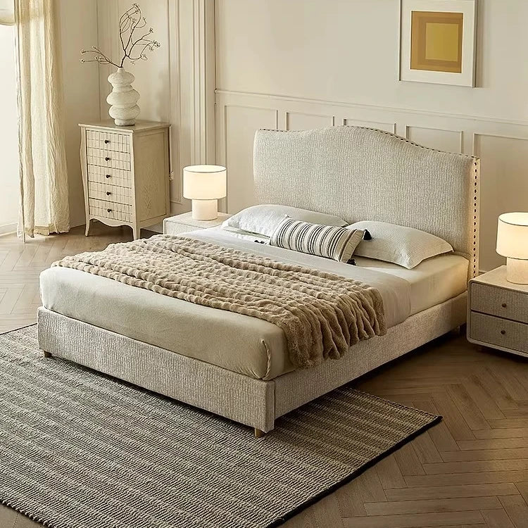 French Provincial Upholstered Bed – Cream Chenille with Willow Border