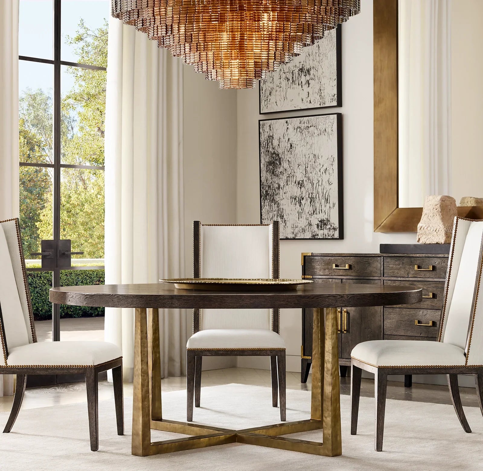 T-Brace Round Dining Table – Waxed Brown Oak & Brass Bauhaus Piece