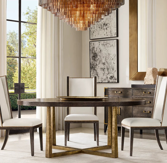 T-Brace Round Dining Table – Waxed Brown Oak & Brass Bauhaus Piece