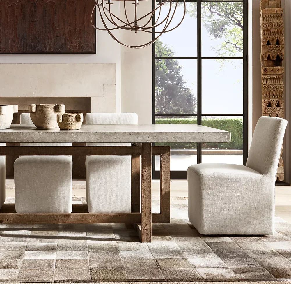 Rustic Industrial Rectangular Dining Table – Concrete Top, Reclaimed Pine Base