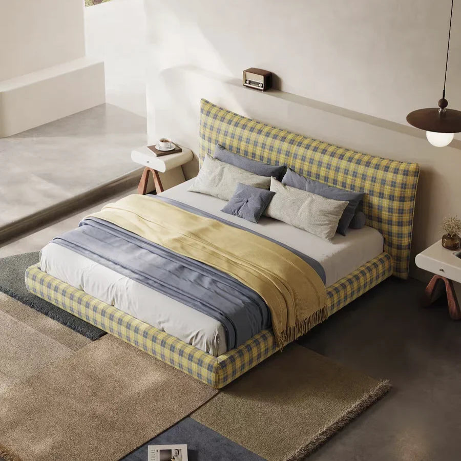 French Vintage Upholstered Bed – Midcentury Modern Wool Plaid Statement Piece | 5550