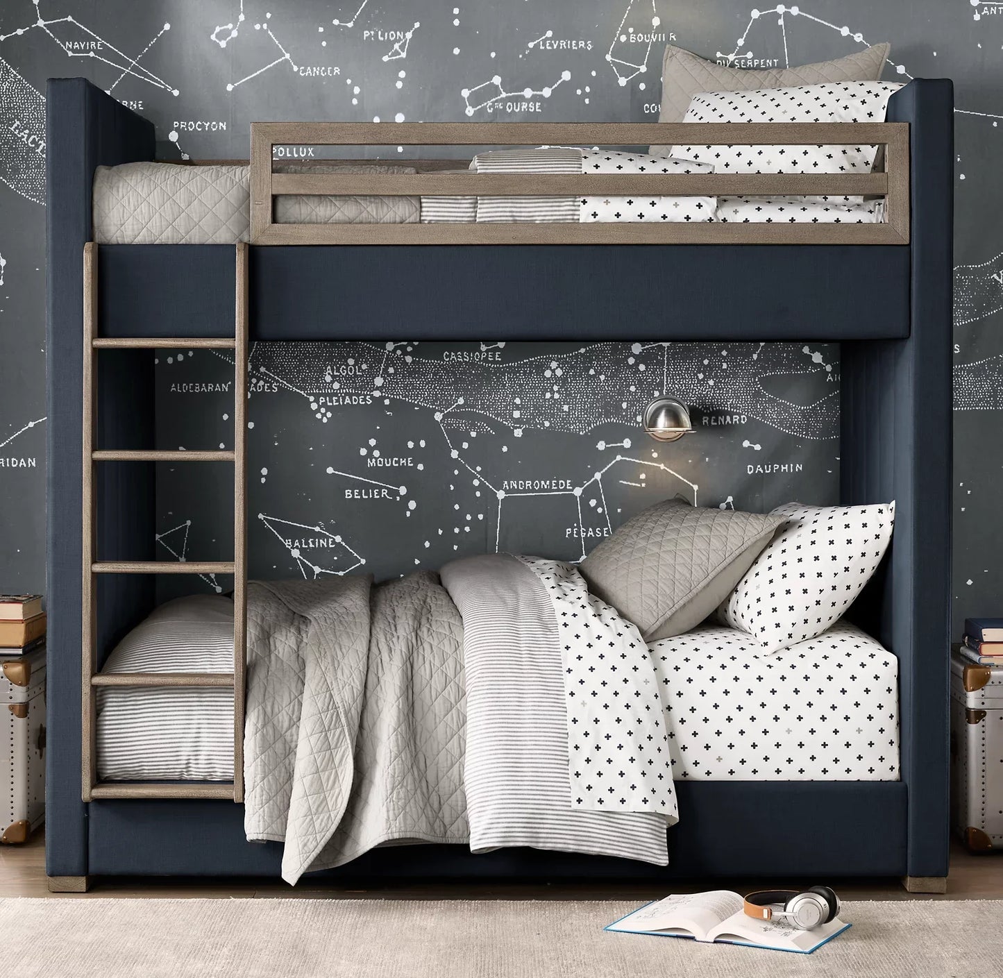 Upholstered Bunk Bed Mid-Century Platform – Oak and Indigo Statement Piece