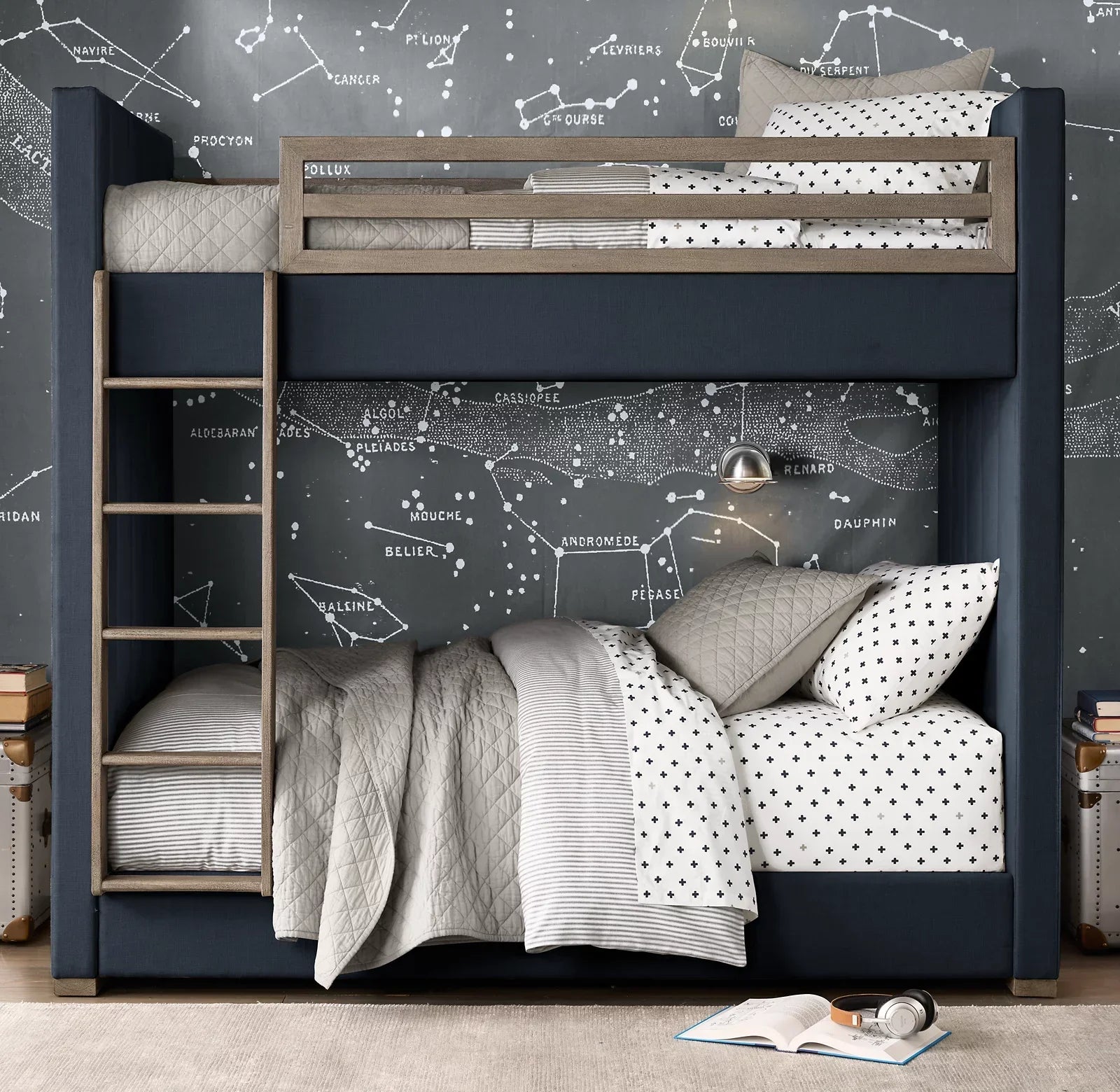 Upholstered Bunk Bed Mid-Century Platform – Oak and Indigo Statement Piece