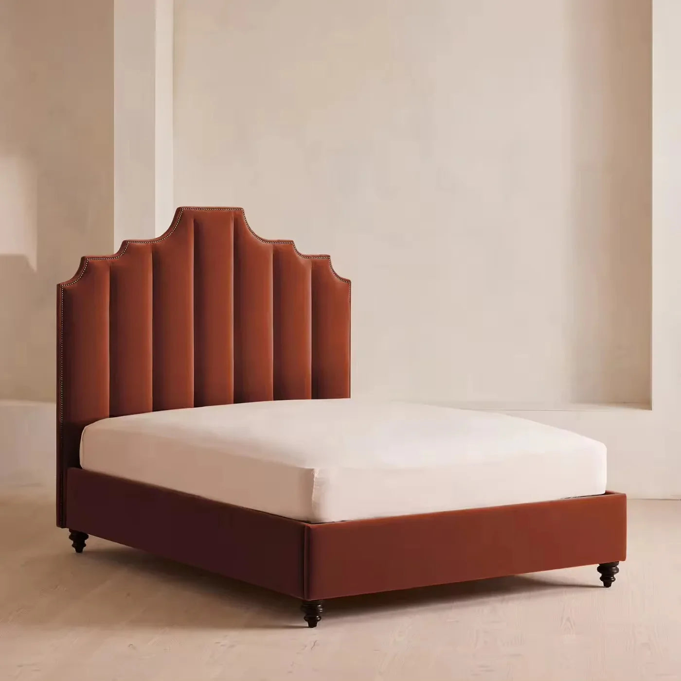 Upholstered Bed – High Back Velvet French Vintage Statement Piece