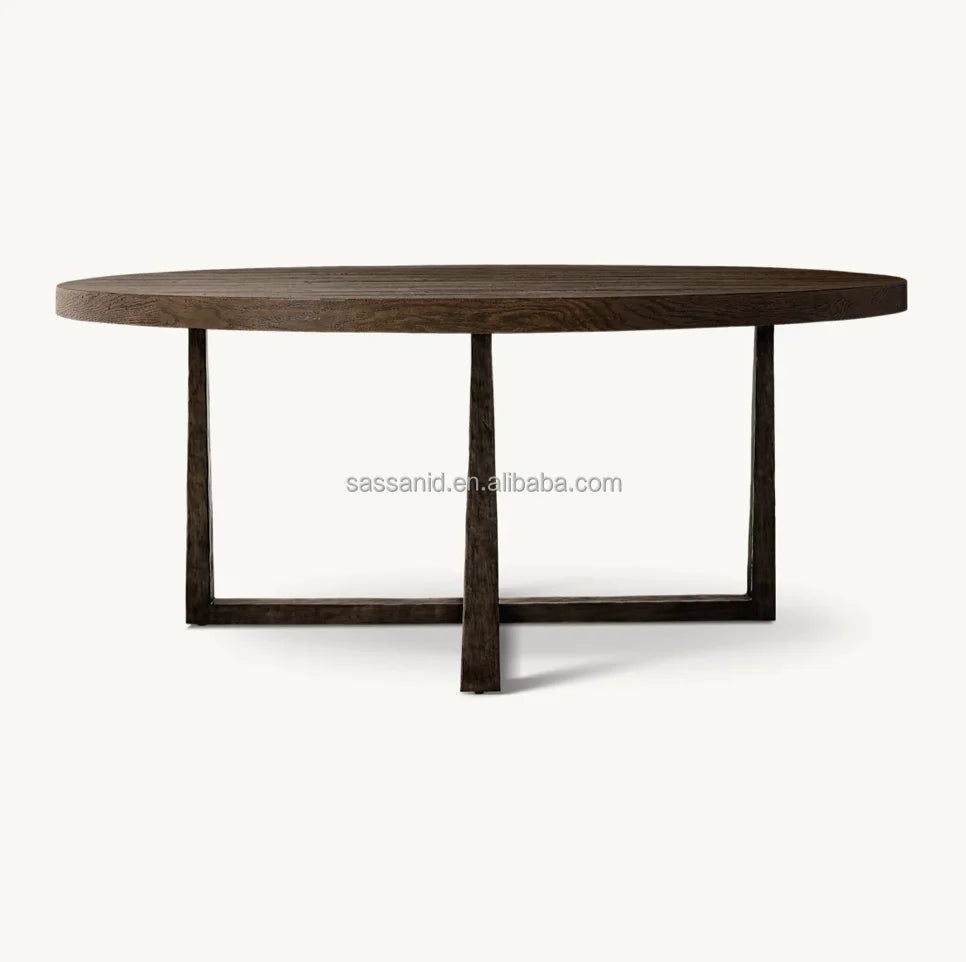 T-Brace Round Dining Table – Waxed Brown Oak & Brass Bauhaus Piece