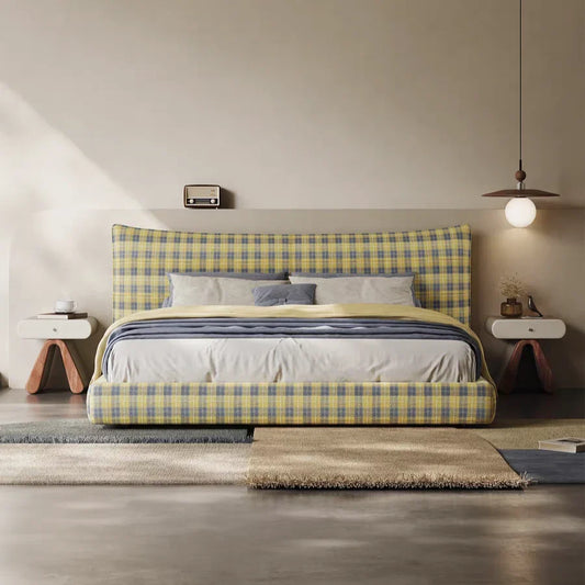 French Vintage Upholstered Bed – Midcentury Modern Wool Plaid Statement Piece | 5550