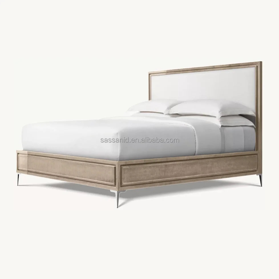 Lacquered Bisque Polished Stainless Steel Benoit Fabric Panel Bed – Italian Designer Statement Piece