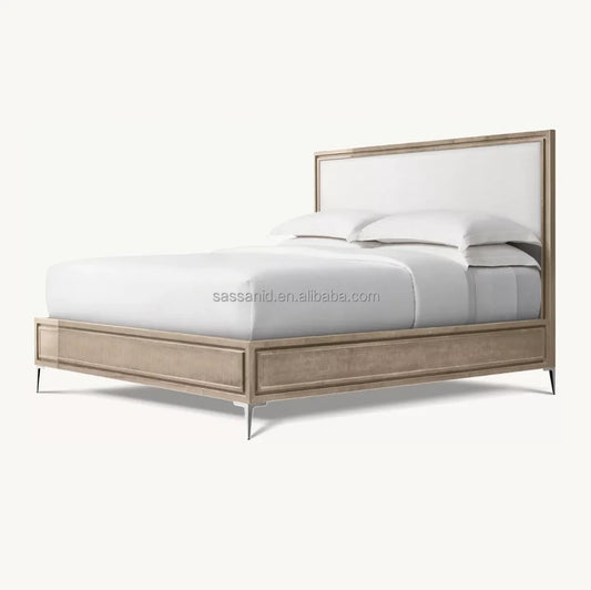 Lacquered Bisque Polished Stainless Steel Benoit Fabric Panel Bed – Italian Designer Statement Piece