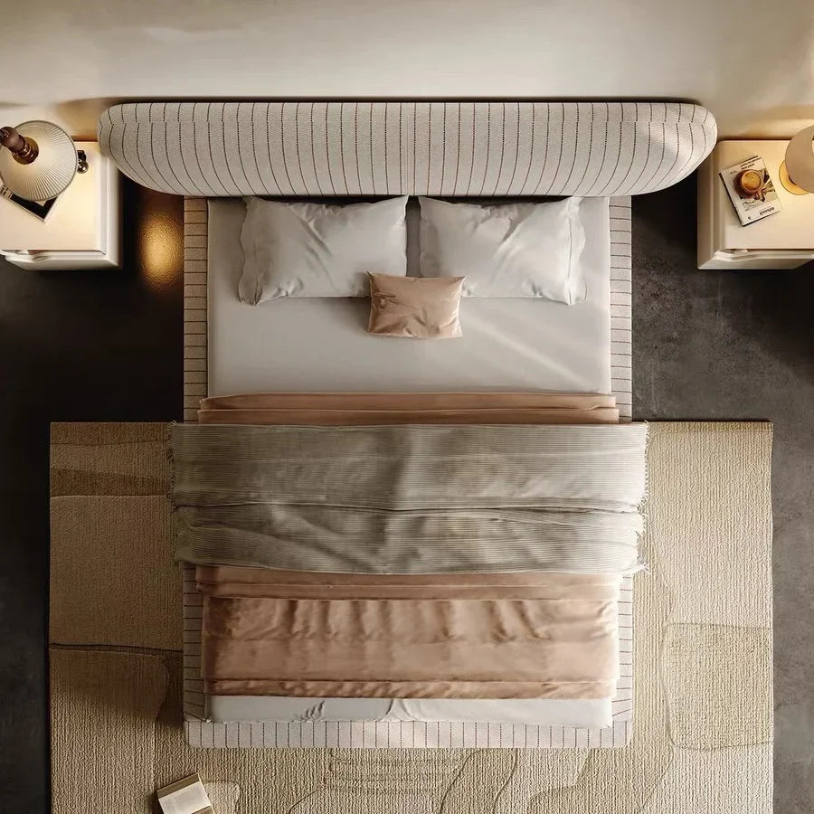 Upholstered Bed – Arc-Shaped Stripe Velvet Rice White – Minimalist Statement Piece
