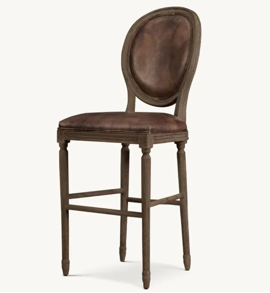 Vintage French Contemporary Bar & Counter Stool – Round Back Solid Oak & Leather Statement Piece