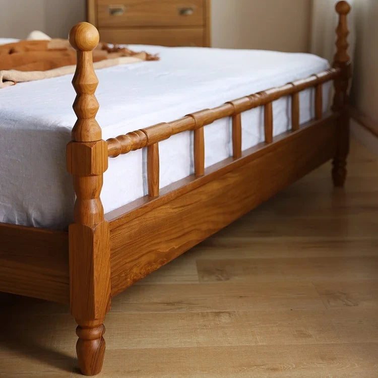French Retro Solid Wood Bed – Hand-Carved Birch Master Bedroom Statement Piece | 847