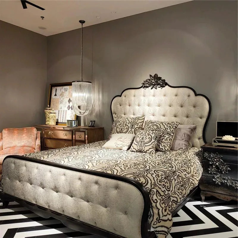 French Retro Solid Wood Double Bed – Antique Buckle Design