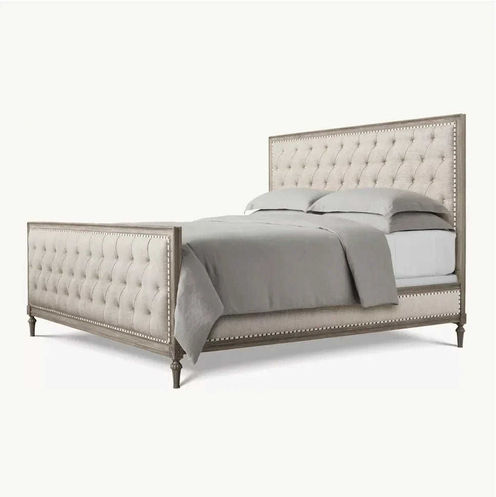 French Maison Diamond-Tufted Panel Bed – Antiqued Oak Upholstered Statement Piece
