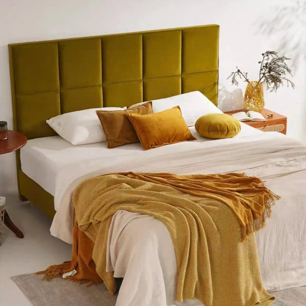 Fennel Upholstered Bed – Zongzi Leaf Green Fabric – Modern Architectural Statement Piece