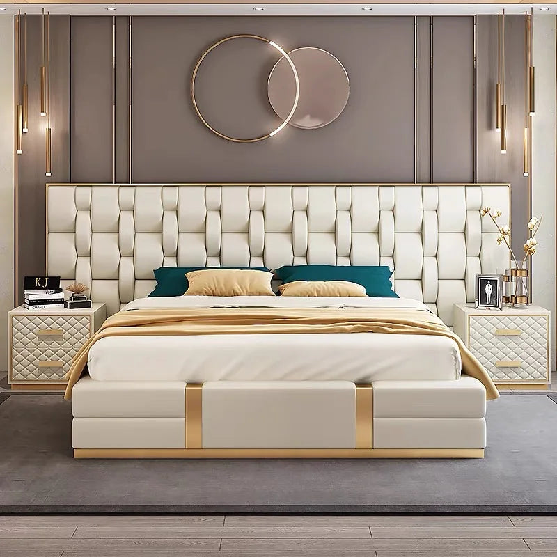 Italian Designer Upholstered Bed – Wide-screen Leather Headboard, Metal Statement Piece | q-020528