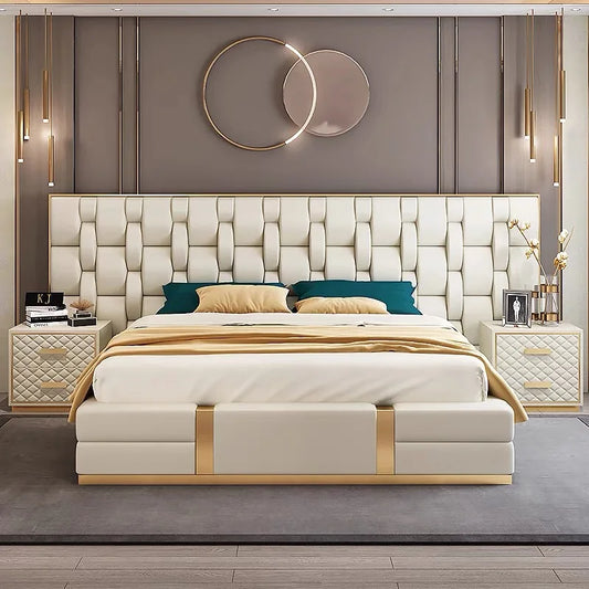 Italian Designer Upholstered Bed – Wide-screen Leather Headboard, Metal Statement Piece | q-020528
