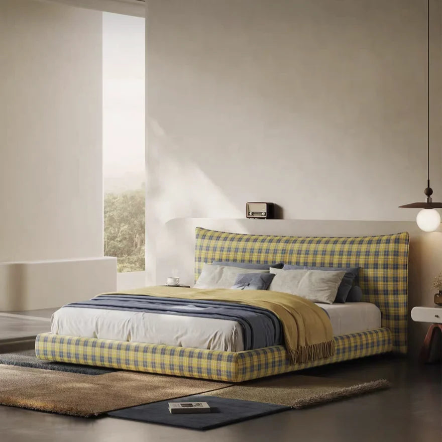French Vintage Upholstered Bed – Midcentury Modern Wool Plaid Statement Piece | 5550
