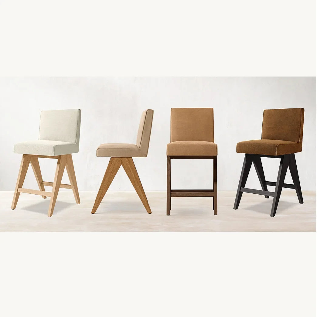 Midcentury Modern Bar and Counter Stools – Solid Oak Frame with Performance Fabric Upholstery