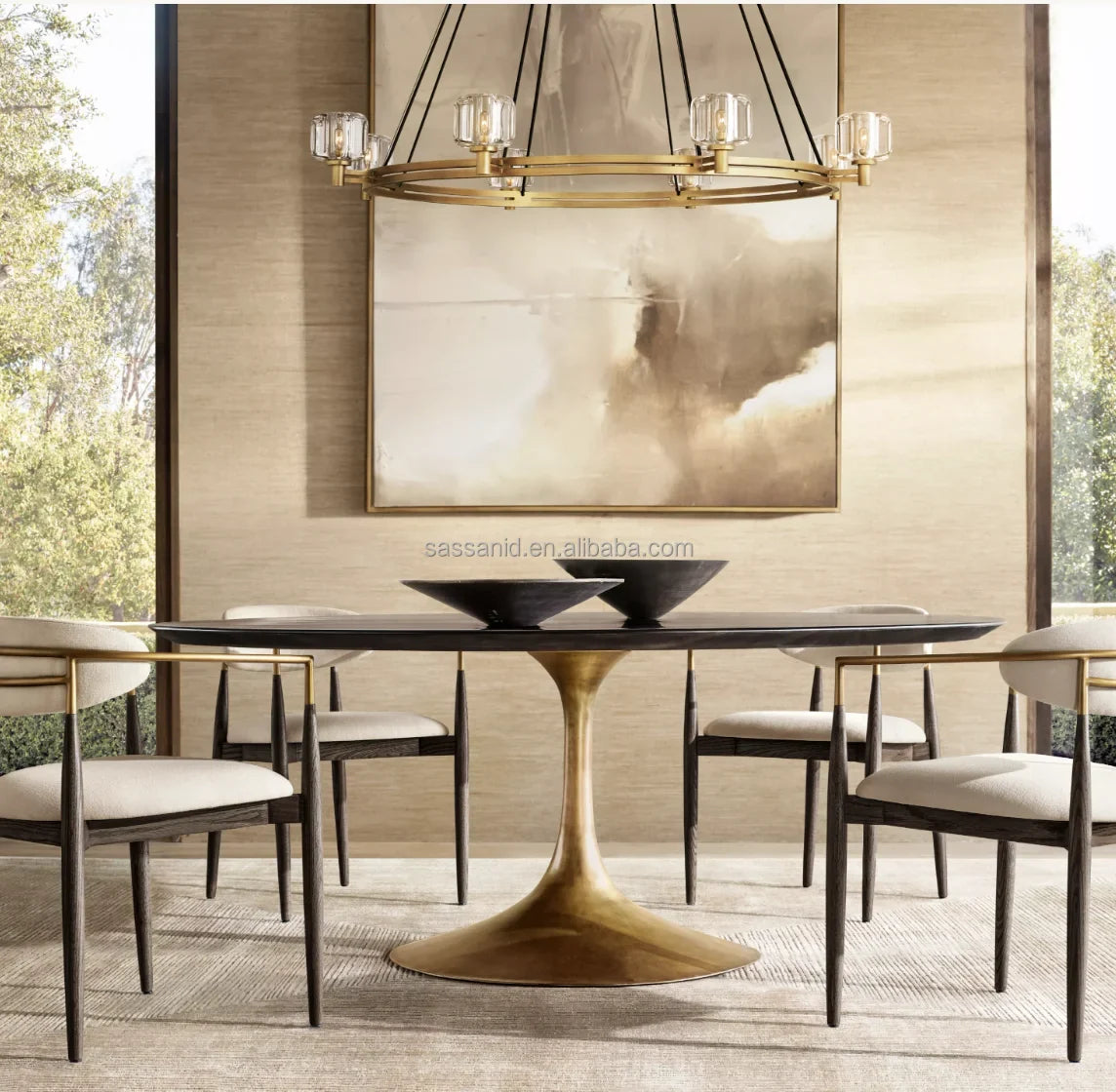 Aero Round Dining Table – Mid-Century Wood Top with Metal Pedestal