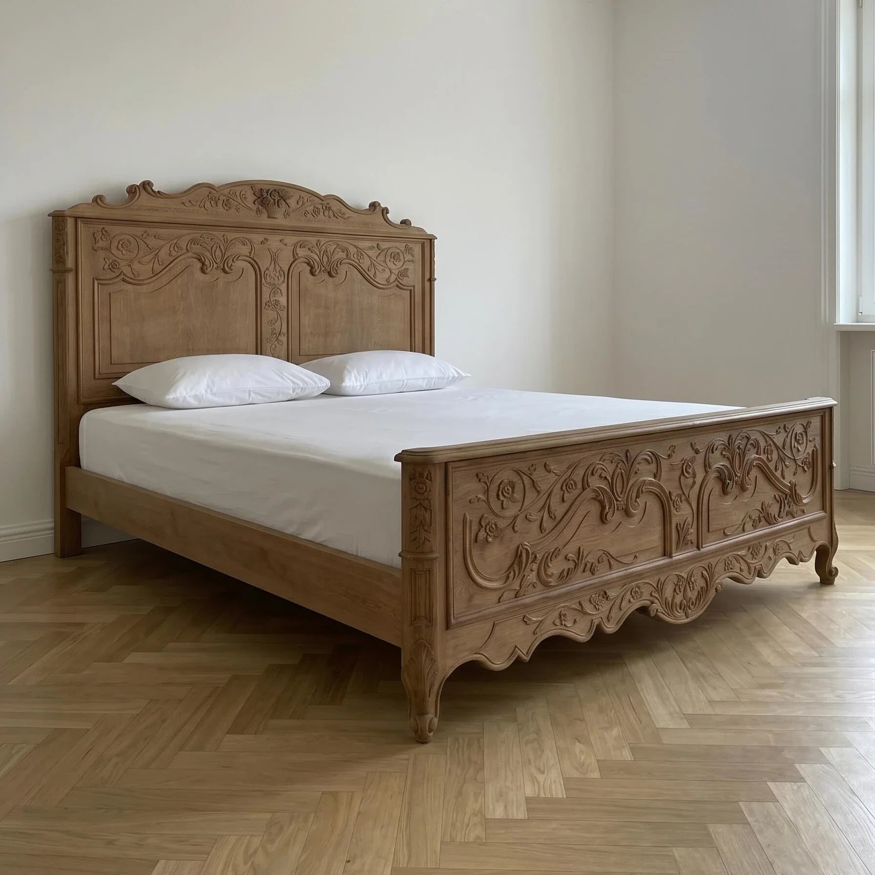 French Retro Carved Bed – Solid Ash Wood Statement Piece