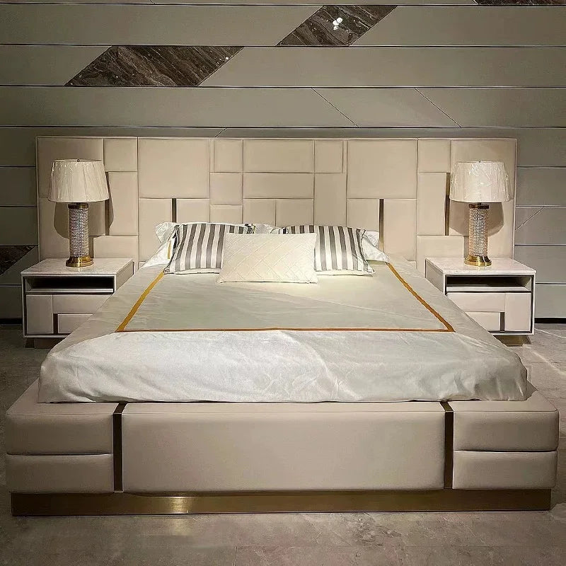 Modern European King Bed – Wide Headboard Pine Frame Statement Piece