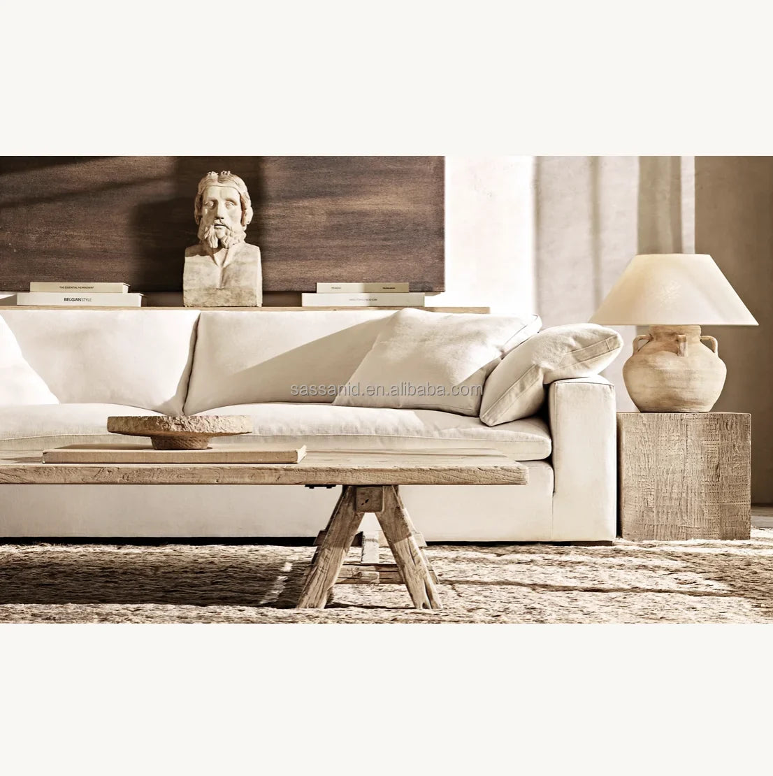 Reclaimed Elm Sawhorse Coffee Table – Sculptural Aged Oak Statement Piece