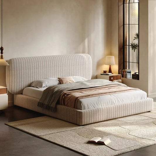 Upholstered Bed – Arc-Shaped Stripe Velvet Rice White – Minimalist Statement Piece