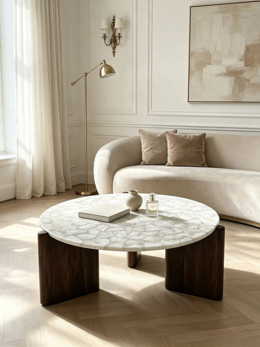 Luxury Round Ice Jade Marble Coffee Table Solid Wood Base Modern Italian Style
