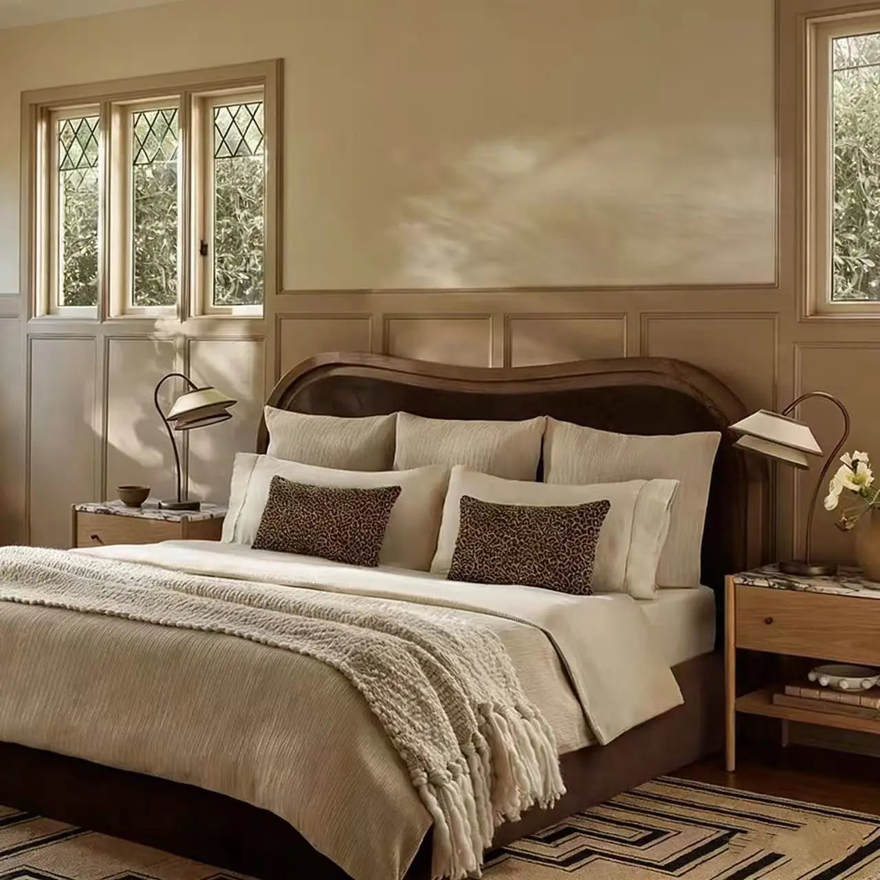 Platform Bed – Velvet Padded Headboard in Solid Birch – Modern French Style