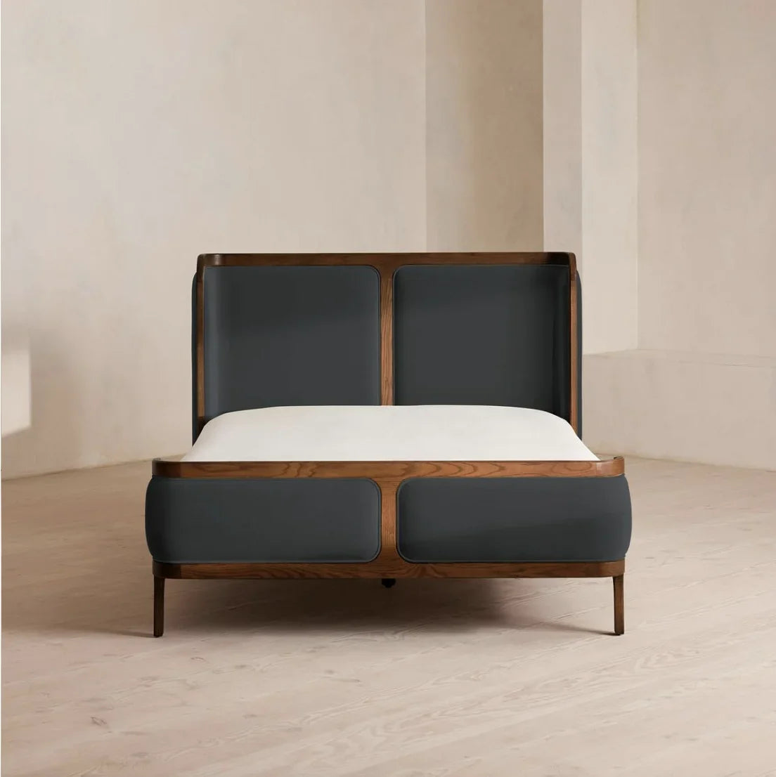 Belsa King Bed – Mid-Century Modern Velvet Upholstered Oak
